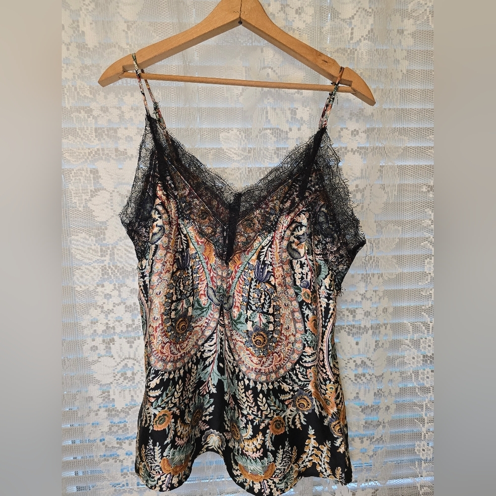 Q2 Paisley Satin Camisole With Lace, Womens Medium